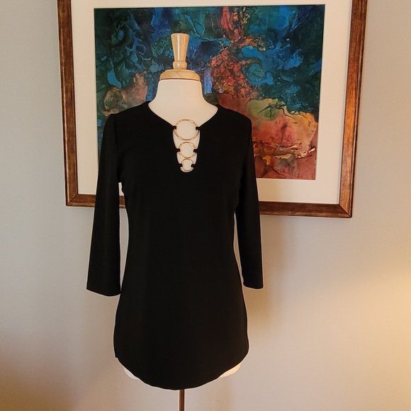 Boston Proper Black Keyhole Tunic 3/4 Sleeve Metallic 3 Ring Neck Detail. S/M - Picture 1 of 10